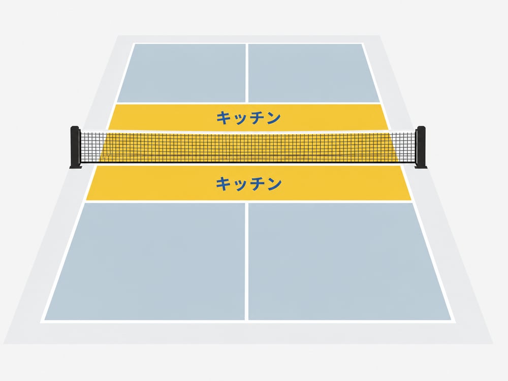 ネットの両側に黄色く示されたキッチンのエリア