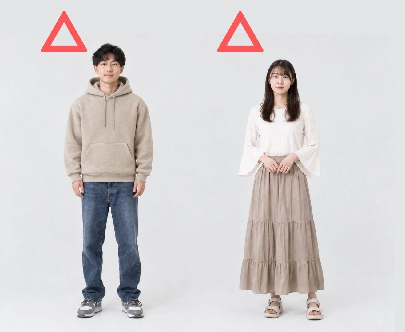 ピックルボールに向いていない服装の例（厚手のパーカーとデニム、裾の長いスカート）